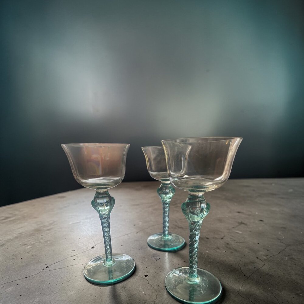 Vintage Aqua Twisted Stem Coupe Glasses Set of 3 Art Deco Barware